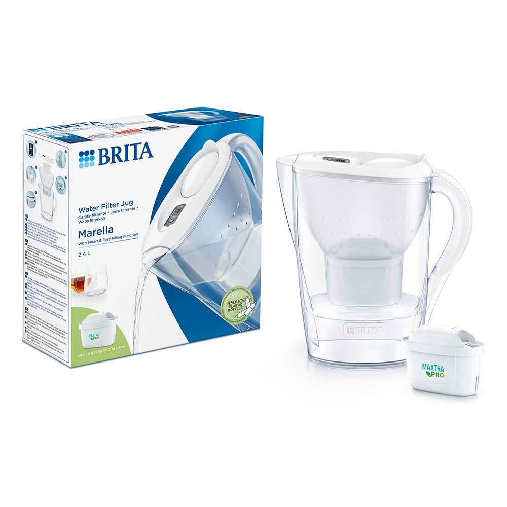 BRITA Wasserfilter Kanne 2.4L Marella + AllSpares Filterkartusche 6-Pack (filtert PFAS)