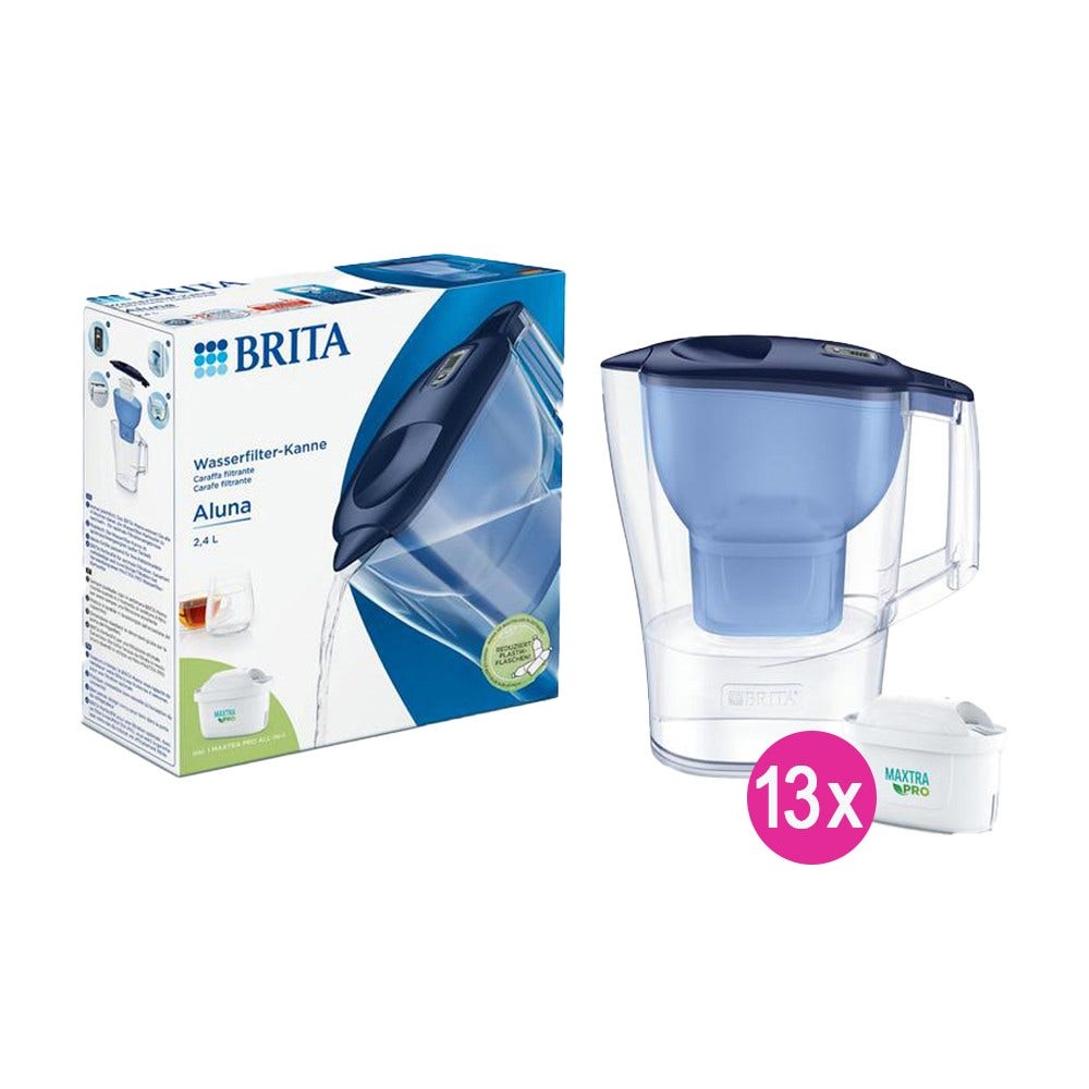 BRITA Aluna Wasserfilter Kanne Blau + 13 MAXTRA PRO Wasserfilter (filtert PFAS)